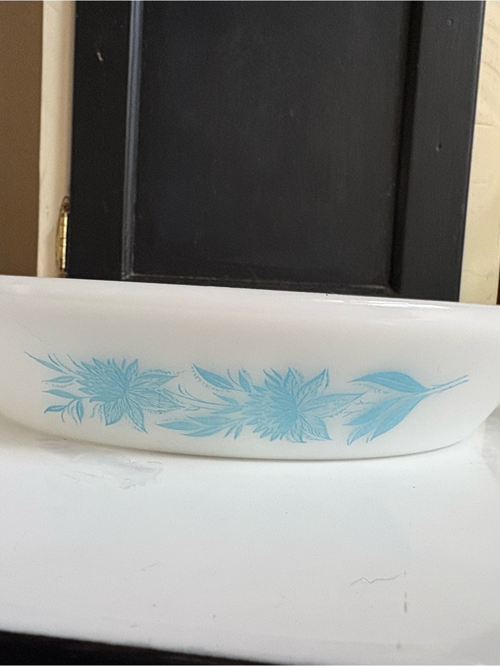 Glasbake Milkglass Thistle Baking Dish with Blue Floral Pattern